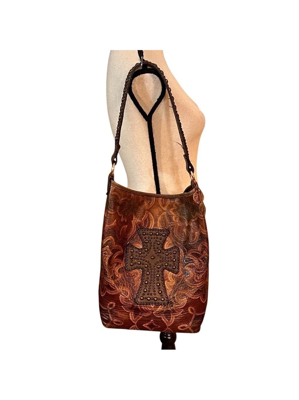 Double J Saddlery Brown Leather Shoulder/Tote Bag With Studded Cross